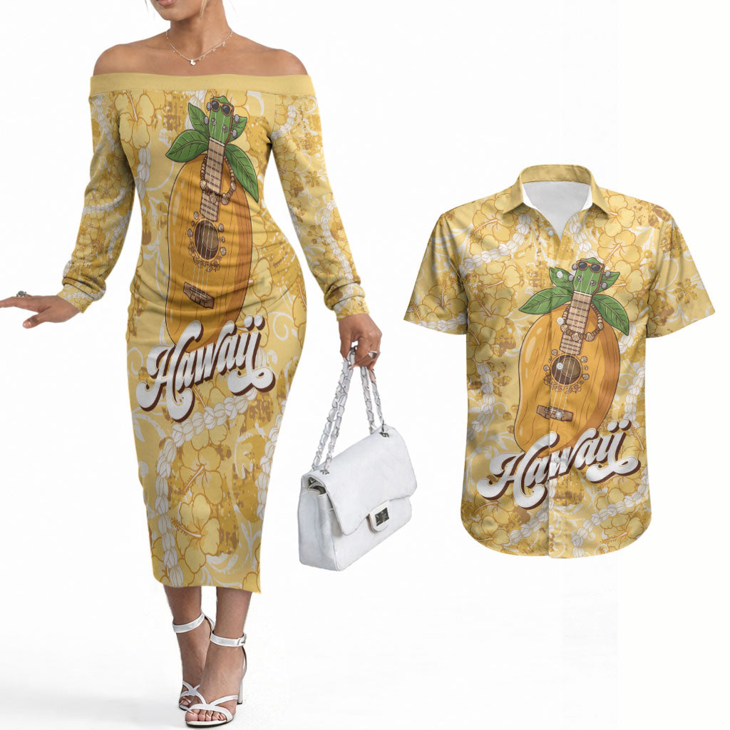 Hawaiian Mango Ukulele Couples Matching Off The Shoulder Long Sleeve Dress and Hawaiian Shirt Retro Yellow Hibiscus Pikake Lei