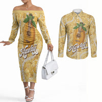 Hawaiian Mango Ukulele Couples Matching Off The Shoulder Long Sleeve Dress and Long Sleeve Button Shirt Retro Yellow Hibiscus Pikake Lei