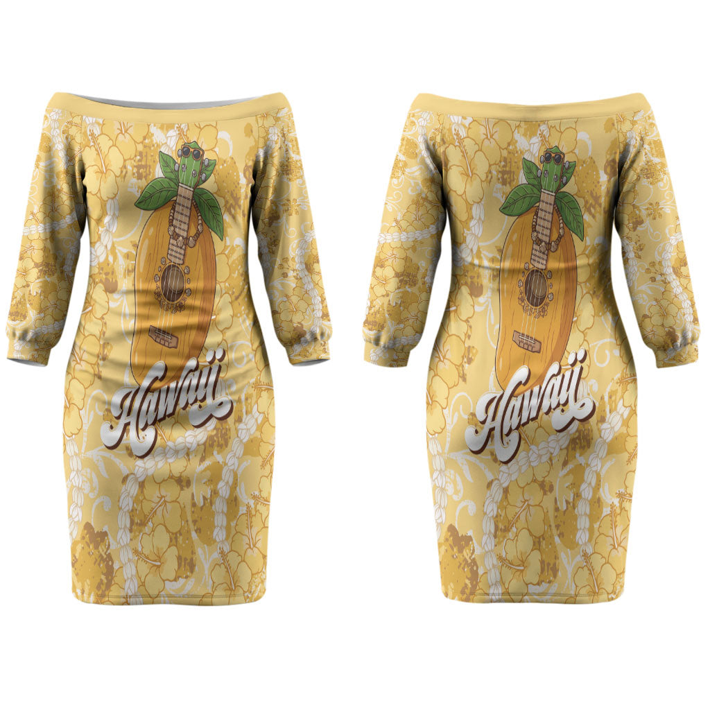 Hawaiian Mango Ukulele Couples Matching Off The Shoulder Long Sleeve Dress and Long Sleeve Button Shirt Retro Yellow Hibiscus Pikake Lei