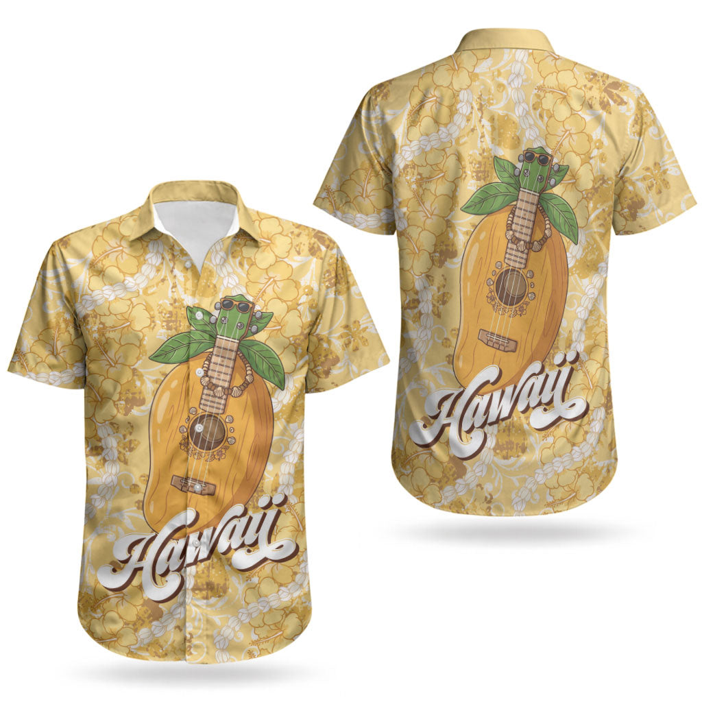 Hawaiian Mango Ukulele Couples Matching Puletasi and Hawaiian Shirt Retro Yellow Hibiscus Pikake Lei