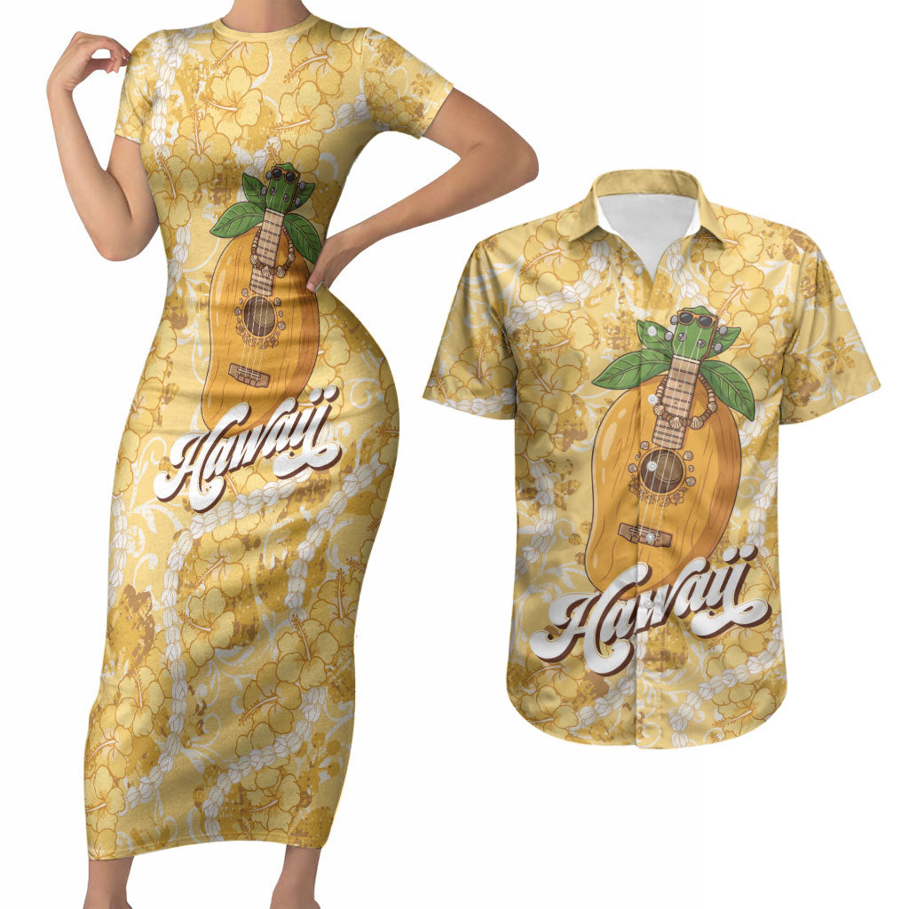 Hawaiian Mango Ukulele Couples Matching Short Sleeve Bodycon Dress and Hawaiian Shirt Retro Yellow Hibiscus Pikake Lei
