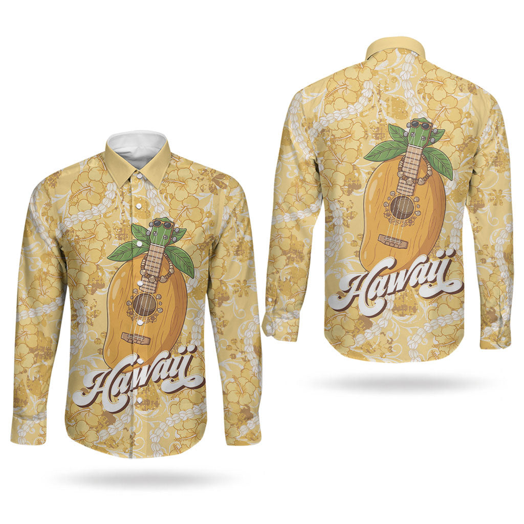 Hawaiian Mango Ukulele Couples Matching Short Sleeve Bodycon Dress and Long Sleeve Button Shirt Retro Yellow Hibiscus Pikake Lei