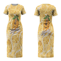 Hawaiian Mango Ukulele Couples Matching Short Sleeve Bodycon Dress and Long Sleeve Button Shirt Retro Yellow Hibiscus Pikake Lei