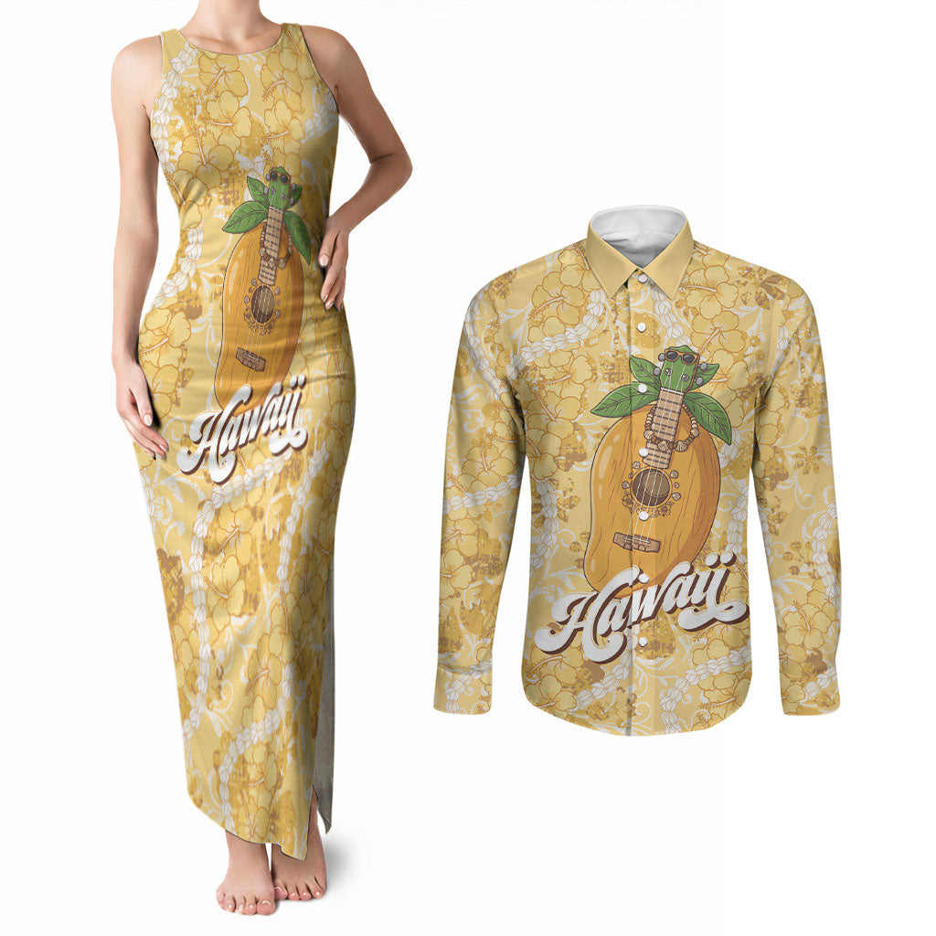 Hawaiian Mango Ukulele Couples Matching Tank Maxi Dress and Long Sleeve Button Shirt Retro Yellow Hibiscus Pikake Lei