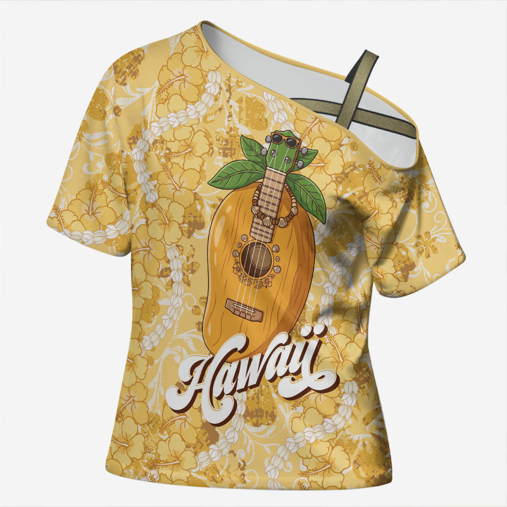 Hawaiian Mango Ukulele Cross Shoulder Shirt Retro Yellow Hibiscus Pikake Lei