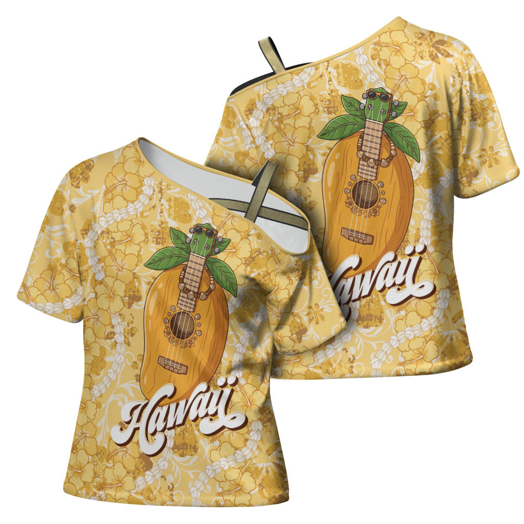 Hawaiian Mango Ukulele Cross Shoulder Shirt Retro Yellow Hibiscus Pikake Lei