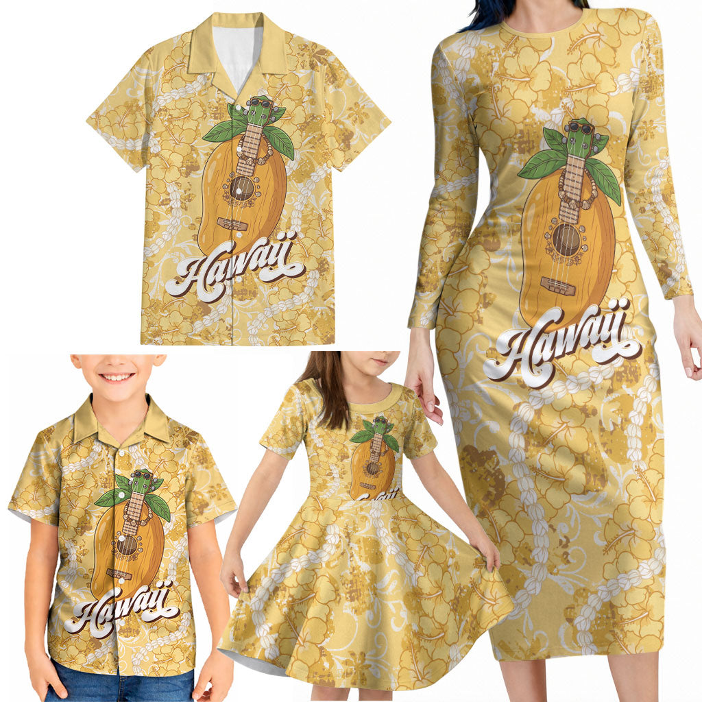Hawaiian Mango Ukulele Family Matching Long Sleeve Bodycon Dress and Hawaiian Shirt Retro Yellow Hibiscus Pikake Lei