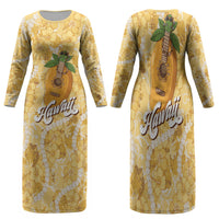 Hawaiian Mango Ukulele Family Matching Long Sleeve Bodycon Dress and Hawaiian Shirt Retro Yellow Hibiscus Pikake Lei