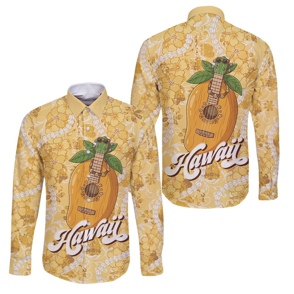 Hawaiian Mango Ukulele Family Matching Off The Shoulder Long Sleeve Dress and Hawaiian Shirt Retro Yellow Hibiscus Pikake Lei