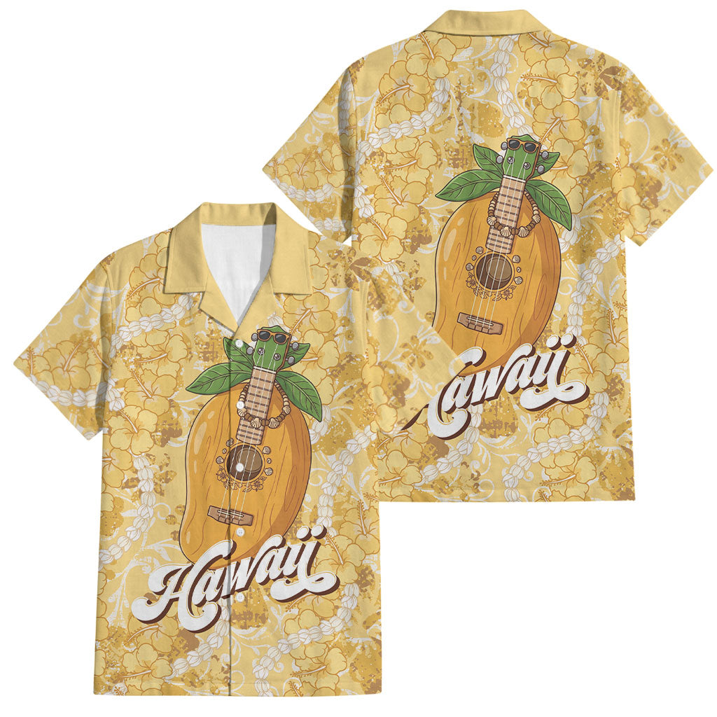 Hawaiian Mango Ukulele Family Matching Short Sleeve Bodycon Dress and Hawaiian Shirt Retro Yellow Hibiscus Pikake Lei