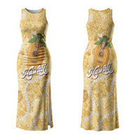 Hawaiian Mango Ukulele Family Matching Tank Maxi Dress and Hawaiian Shirt Retro Yellow Hibiscus Pikake Lei