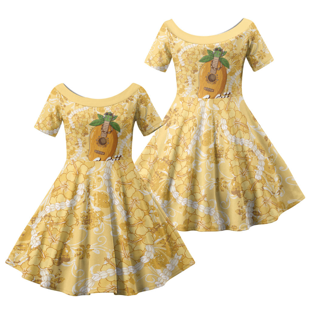 Hawaiian Mango Ukulele Family Matching Tank Maxi Dress and Hawaiian Shirt Retro Yellow Hibiscus Pikake Lei