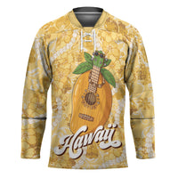 Hawaiian Mango Ukulele Hockey Jersey Retro Yellow Hibiscus Pikake Lei
