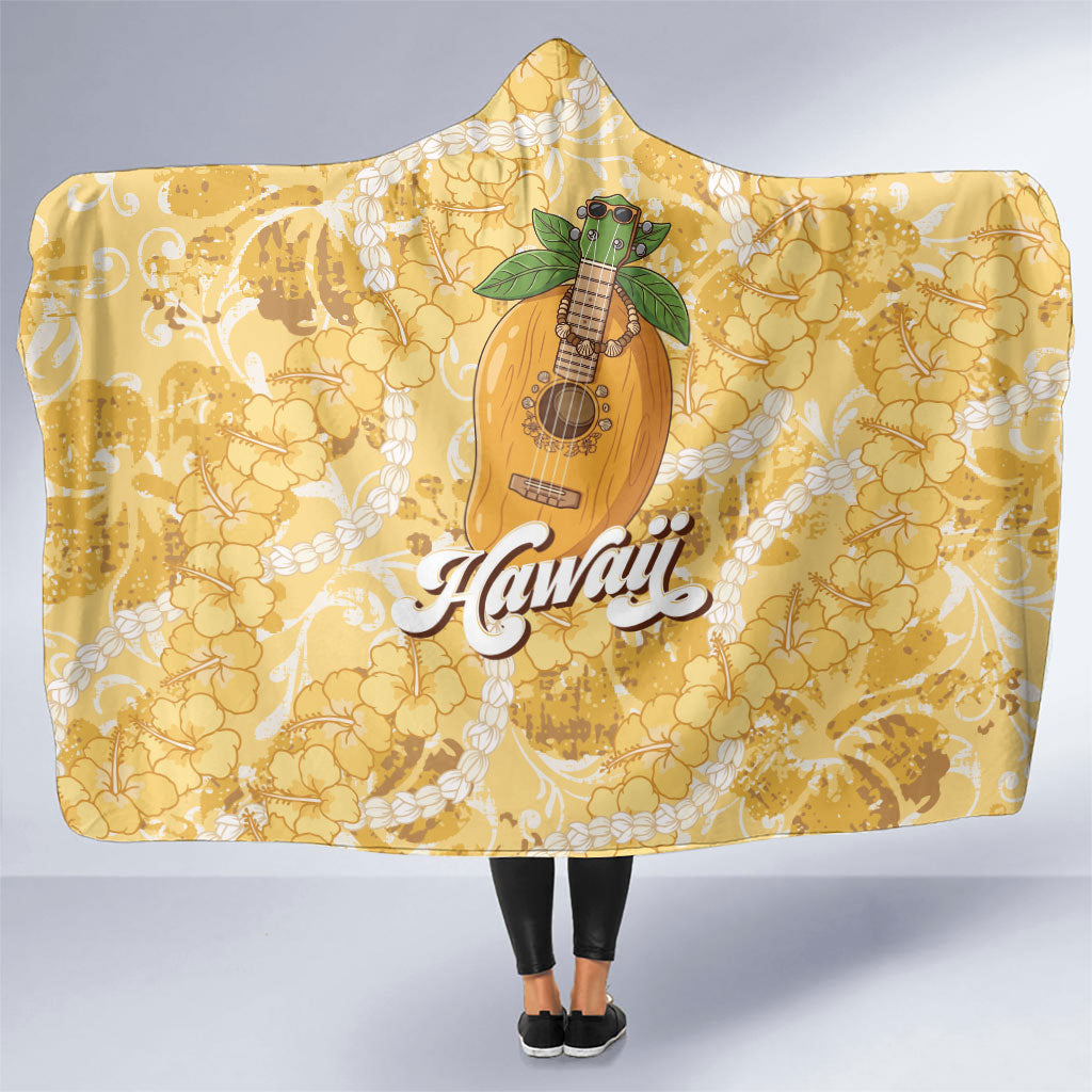 Hawaiian Mango Ukulele Hooded Blanket Retro Yellow Hibiscus Pikake Lei