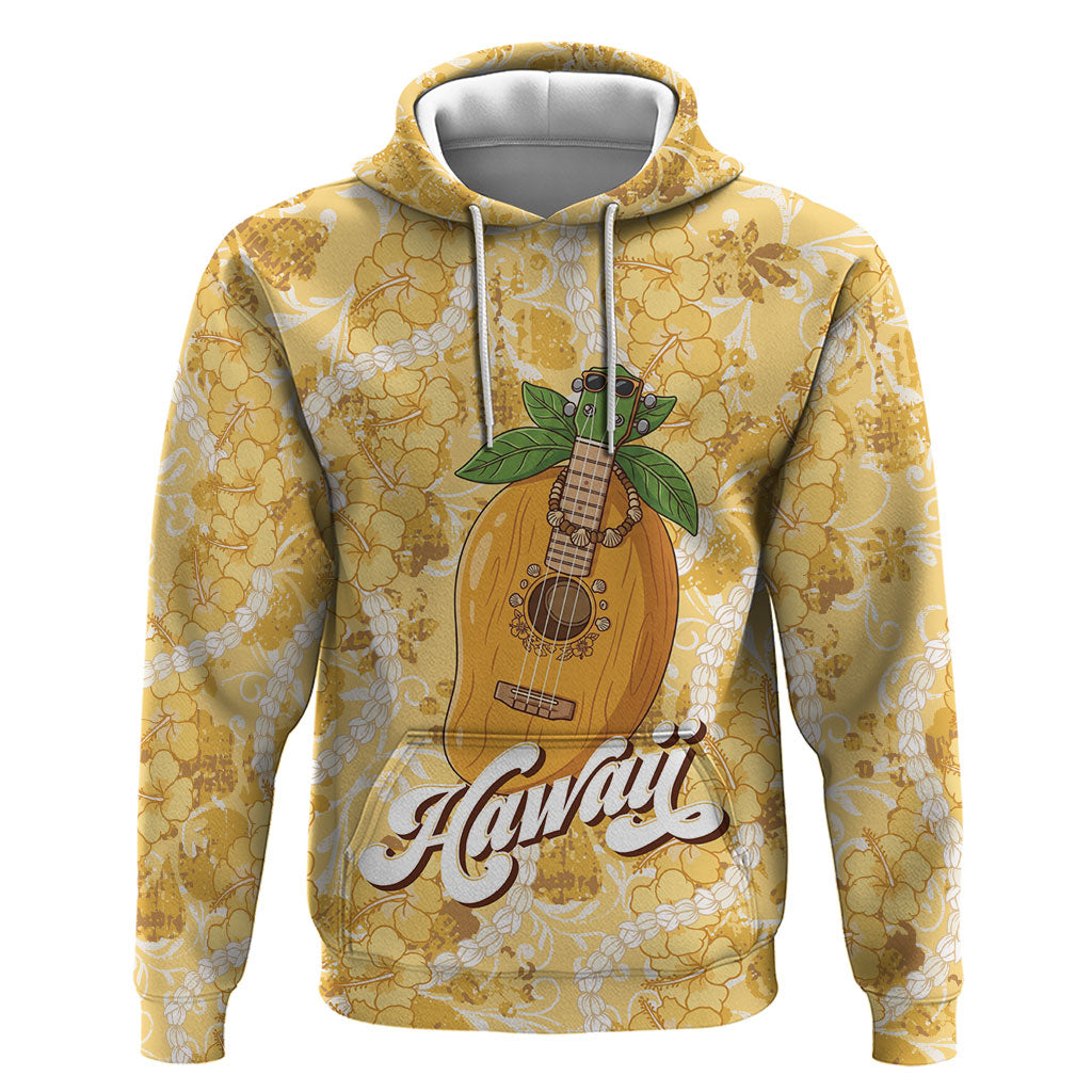 Hawaiian Mango Ukulele Hoodie Retro Yellow Hibiscus Pikake Lei