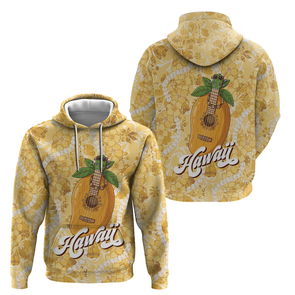 Hawaiian Mango Ukulele Hoodie Retro Yellow Hibiscus Pikake Lei