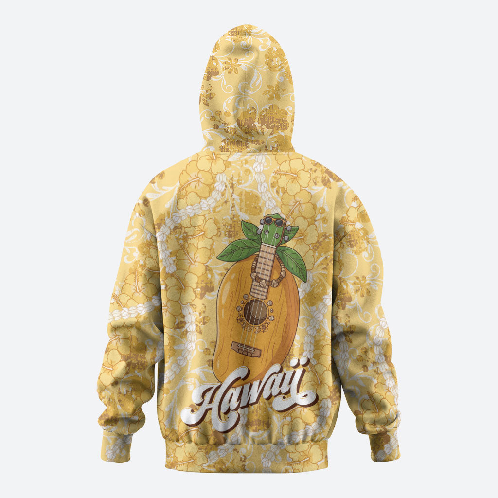 Hawaiian Mango Ukulele Hoodie Retro Yellow Hibiscus Pikake Lei