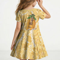 Hawaiian Mango Ukulele Kid Short Sleeve Dress Retro Yellow Hibiscus Pikake Lei