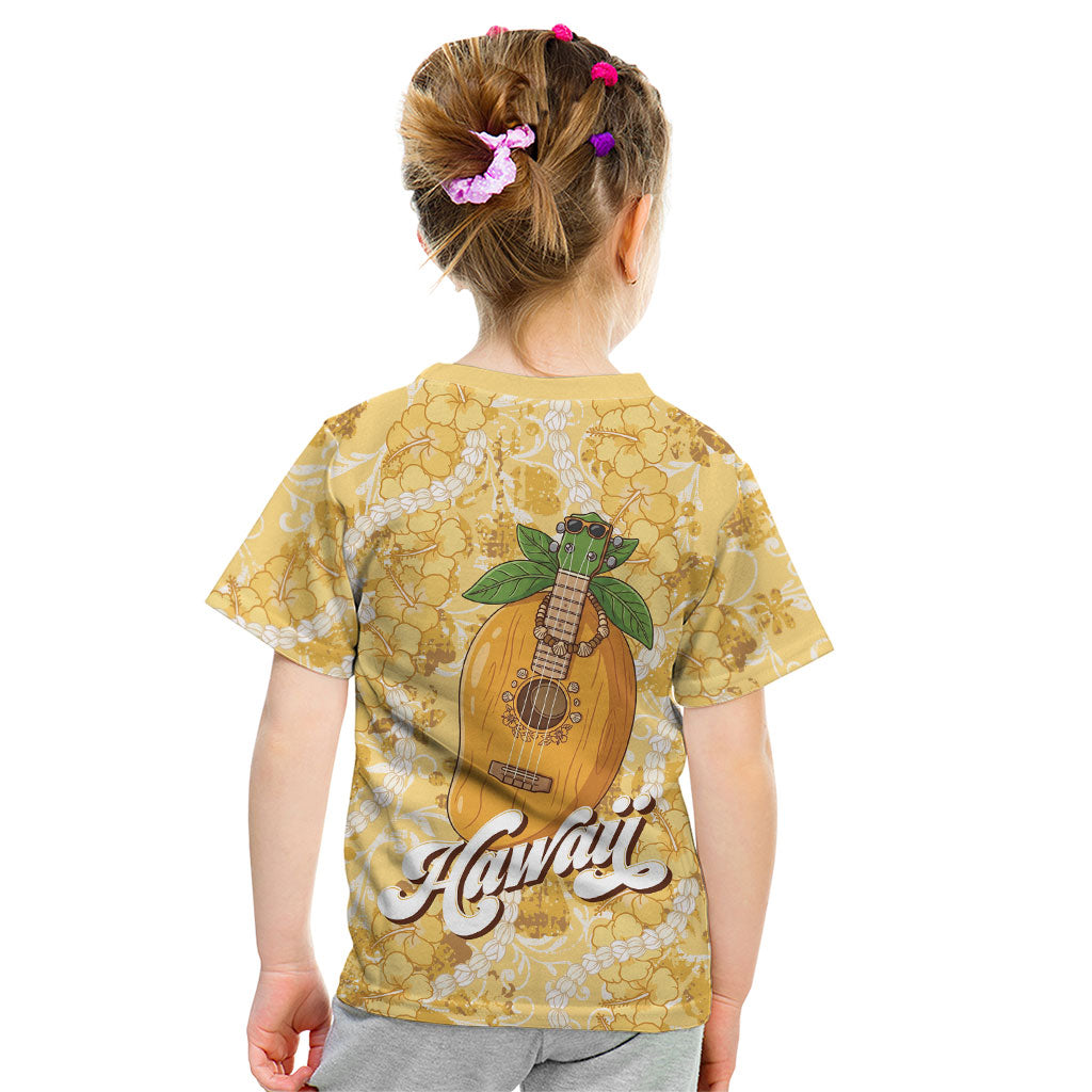 Hawaiian Mango Ukulele Kid T Shirt Retro Yellow Hibiscus Pikake Lei