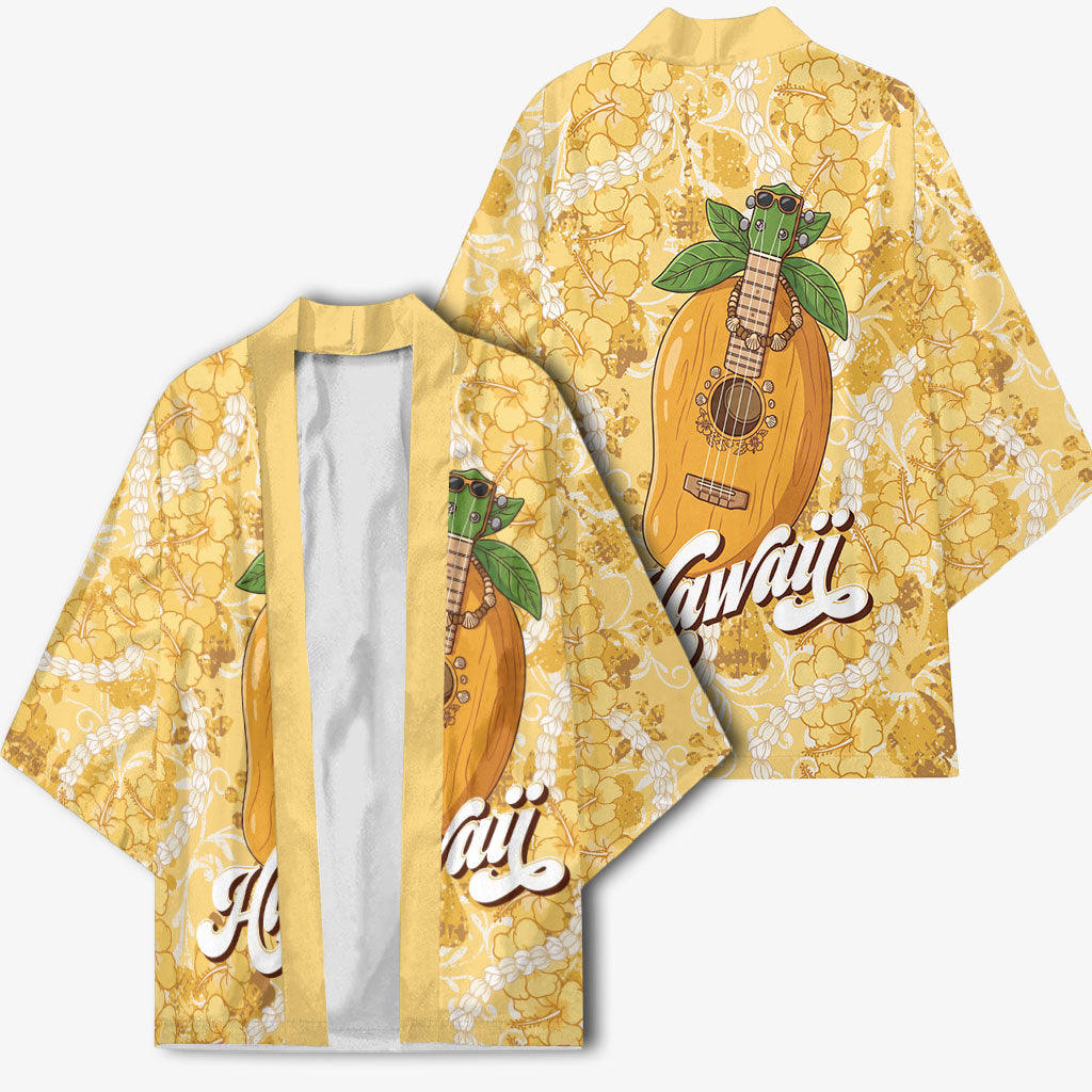 Hawaiian Mango Ukulele Kimono Retro Yellow Hibiscus Pikake Lei