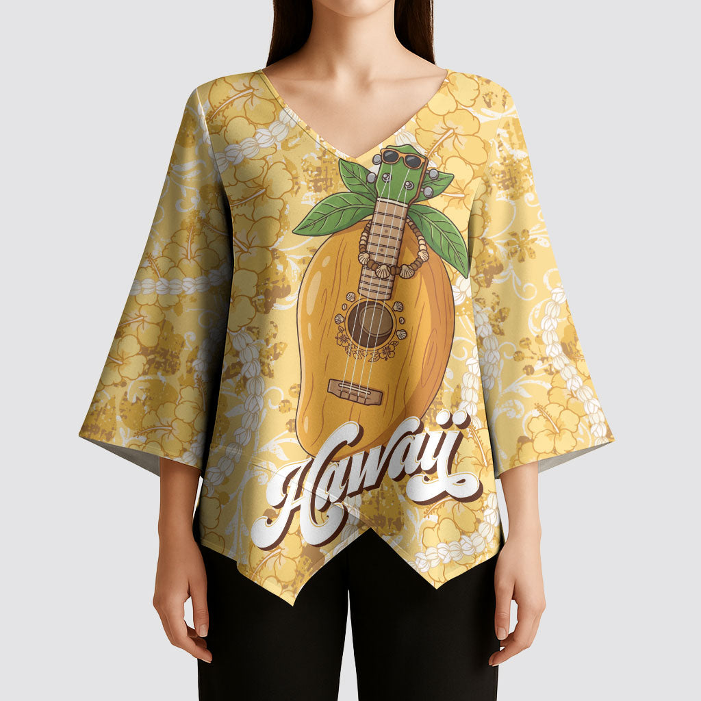 Hawaiian Mango Ukulele Kimono Sleeve Blouse Retro Yellow Hibiscus Pikake Lei