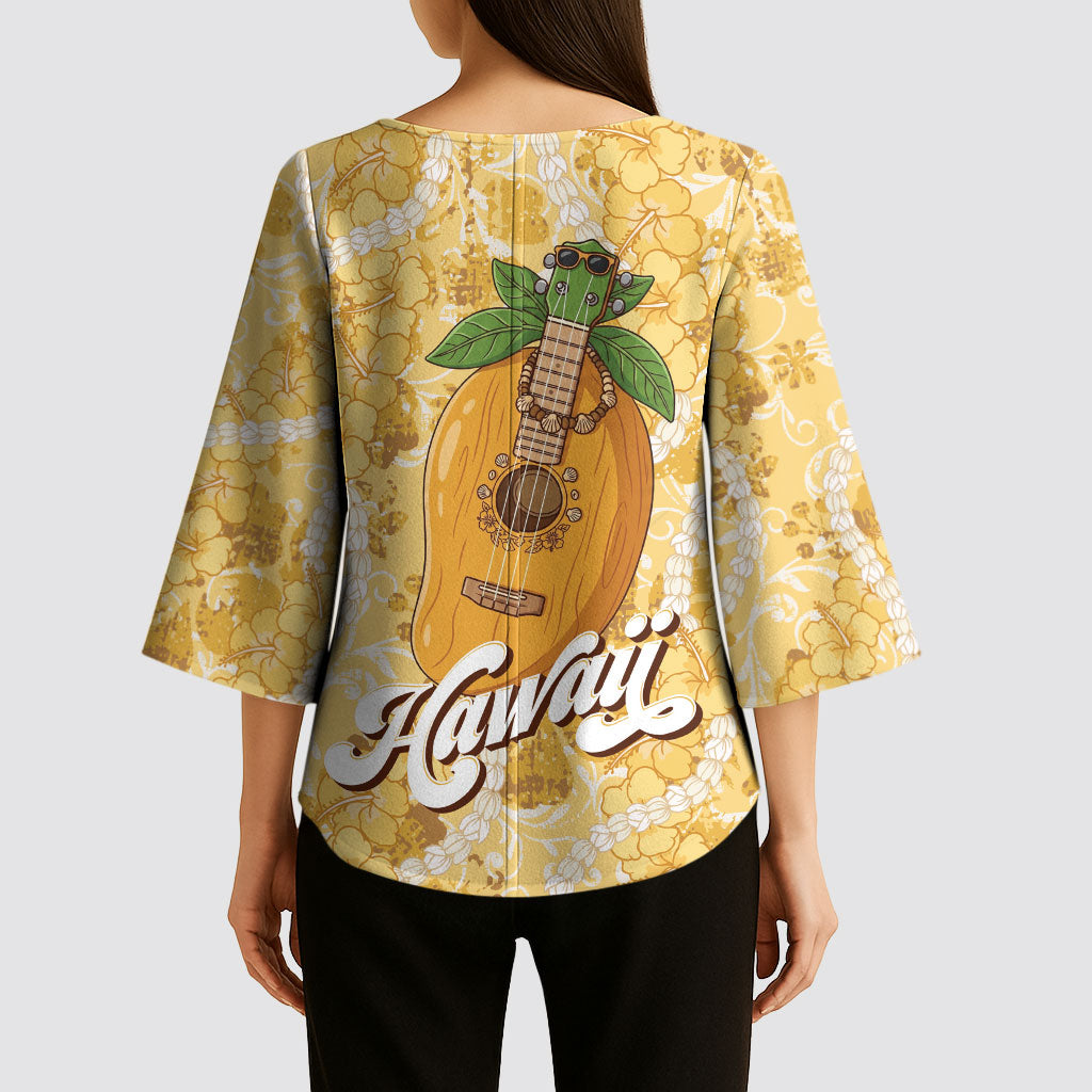 Hawaiian Mango Ukulele Kimono Sleeve Blouse Retro Yellow Hibiscus Pikake Lei