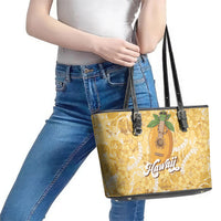 Hawaiian Mango Ukulele Leather Tote Bag Retro Yellow Hibiscus Pikake Lei