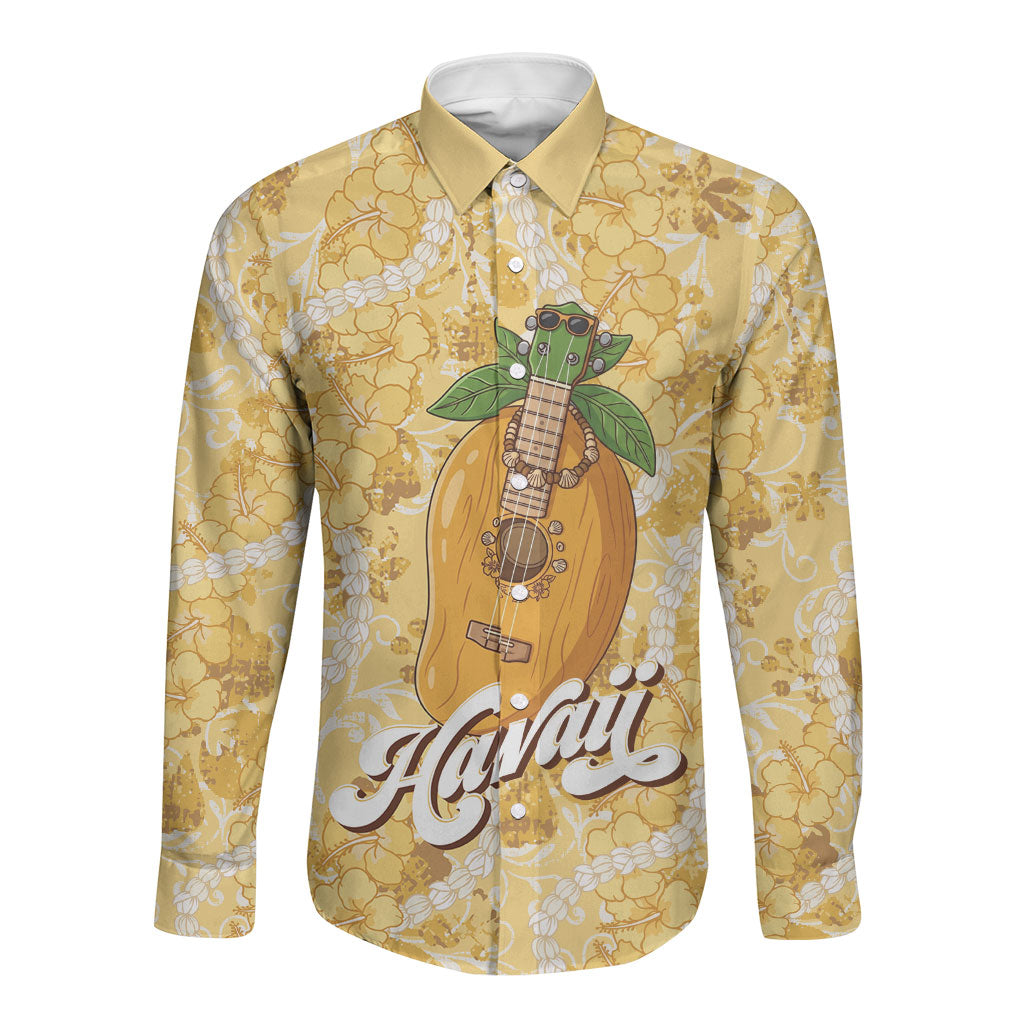 Hawaiian Mango Ukulele Long Sleeve Button Shirt Retro Yellow Hibiscus Pikake Lei
