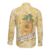 Hawaiian Mango Ukulele Long Sleeve Button Shirt Retro Yellow Hibiscus Pikake Lei