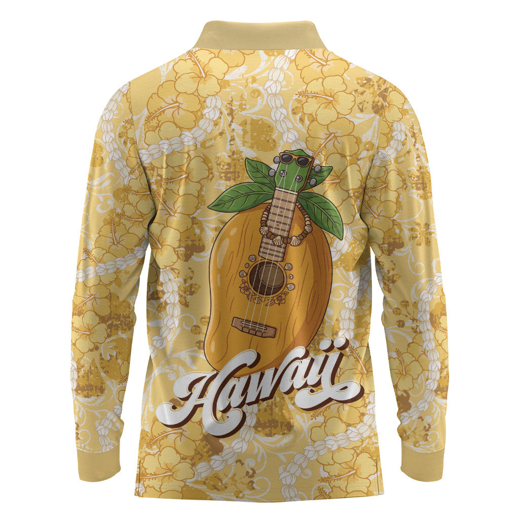 Hawaiian Mango Ukulele Long Sleeve Polo Shirt Retro Yellow Hibiscus Pikake Lei