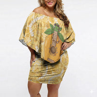 Hawaiian Mango Ukulele Off Shoulder Short Dress Retro Yellow Hibiscus Pikake Lei
