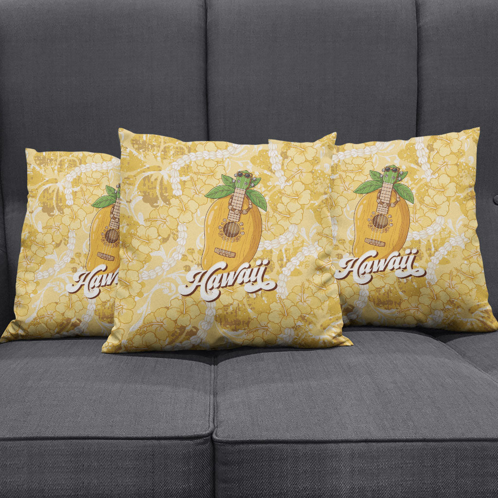 Hawaiian Mango Ukulele Pillow Cover Retro Yellow Hibiscus Pikake Lei