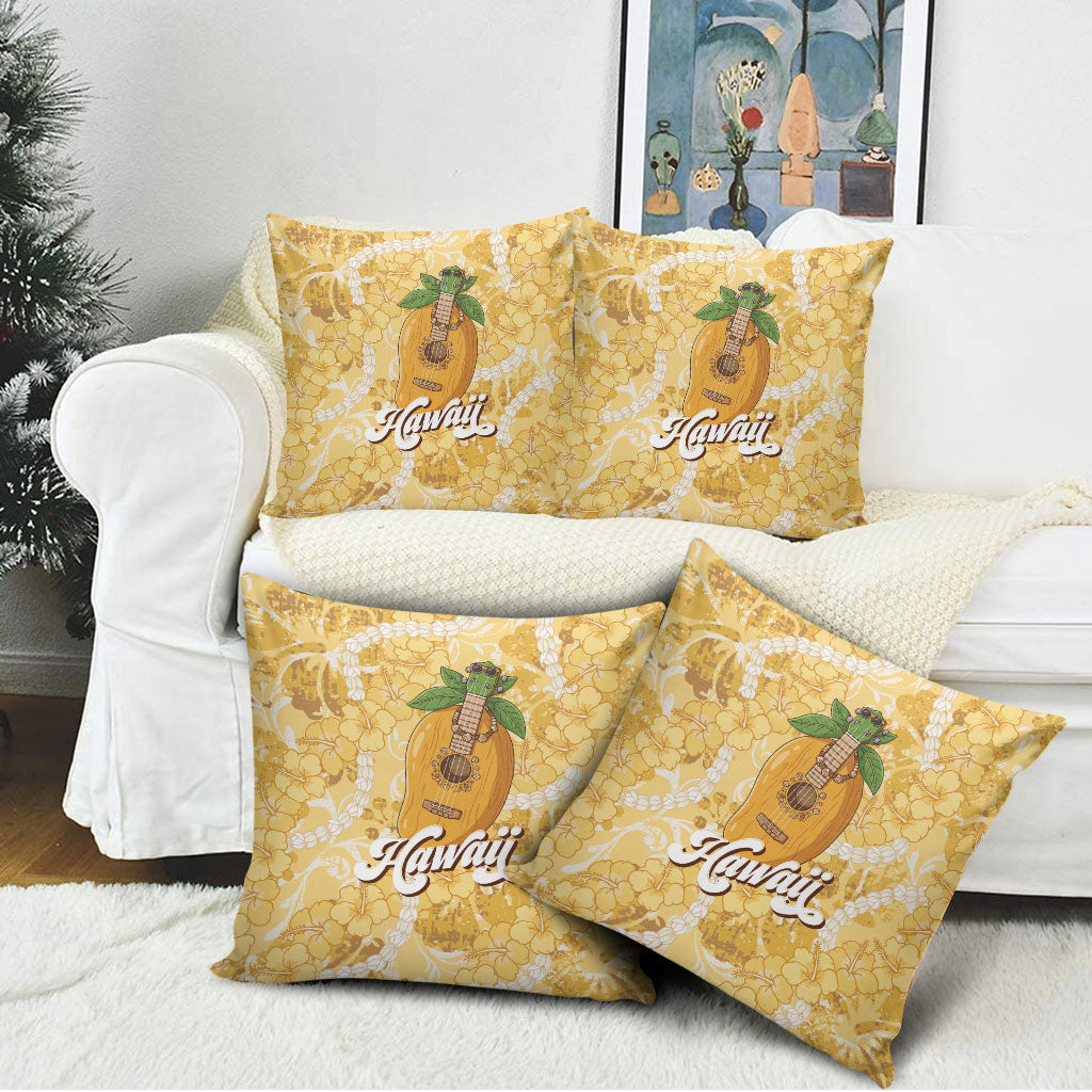 Hawaiian Mango Ukulele Pillow Cover Retro Yellow Hibiscus Pikake Lei