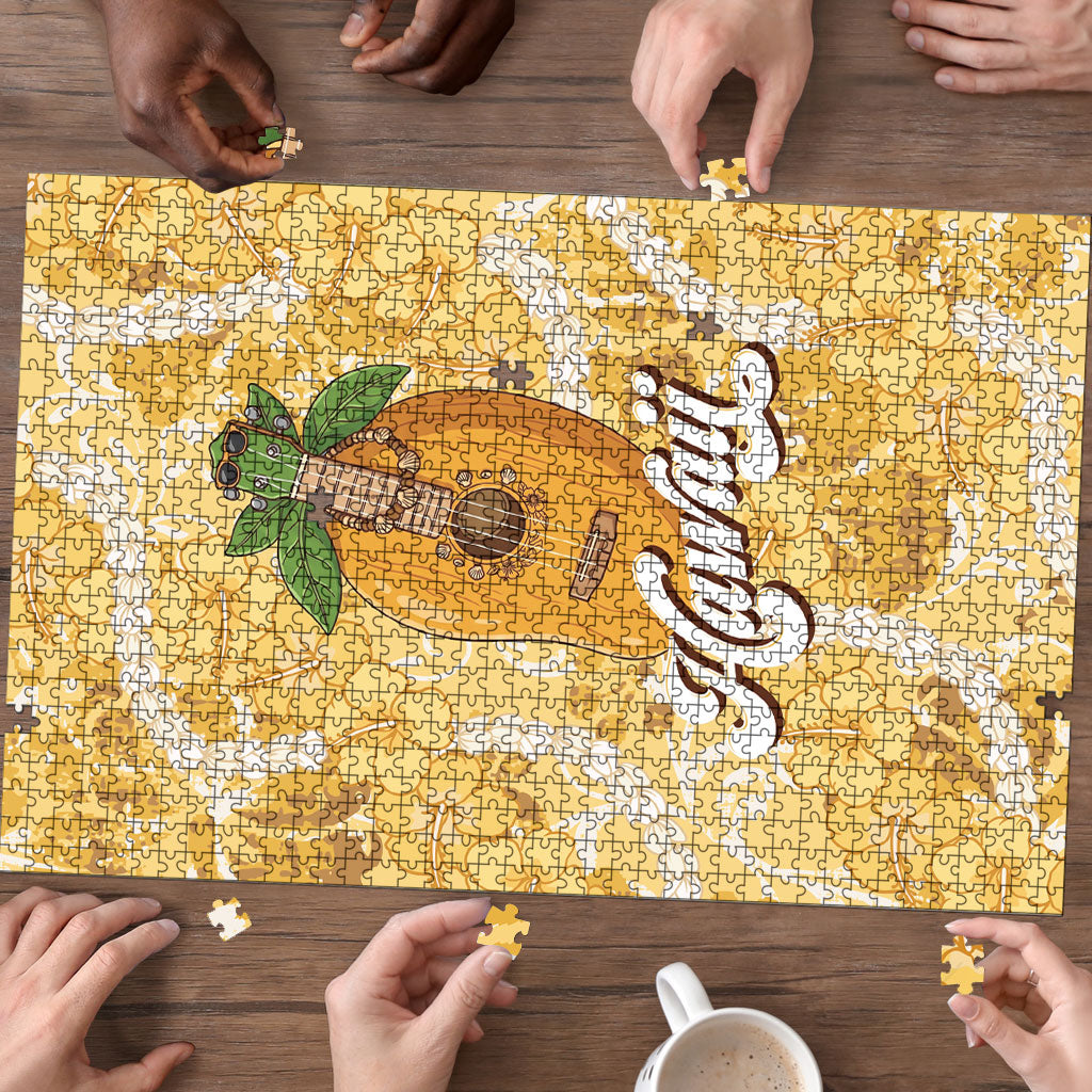 Hawaiian Mango Ukulele Puzzle Retro Yellow Hibiscus Pikake Lei