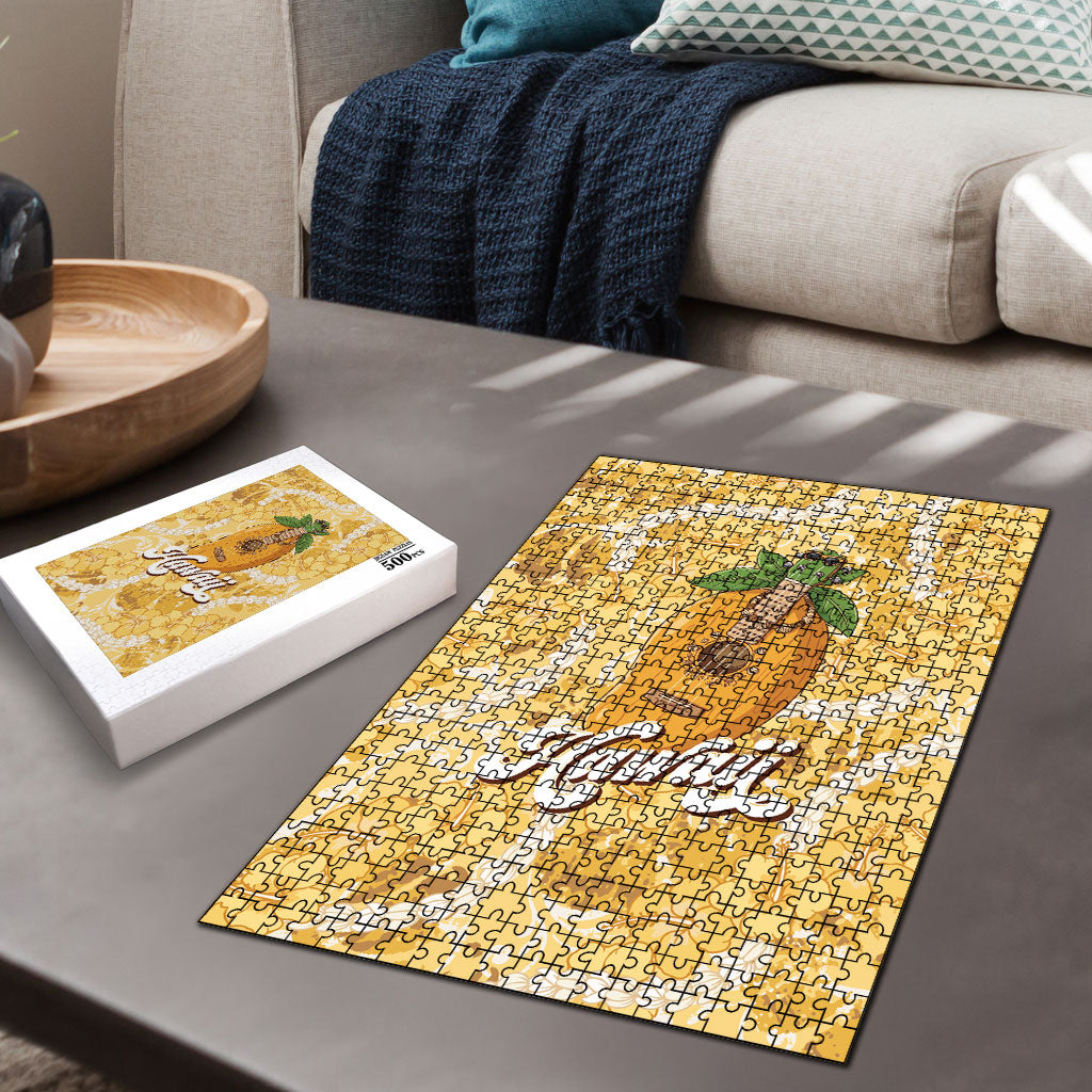 Hawaiian Mango Ukulele Puzzle Retro Yellow Hibiscus Pikake Lei