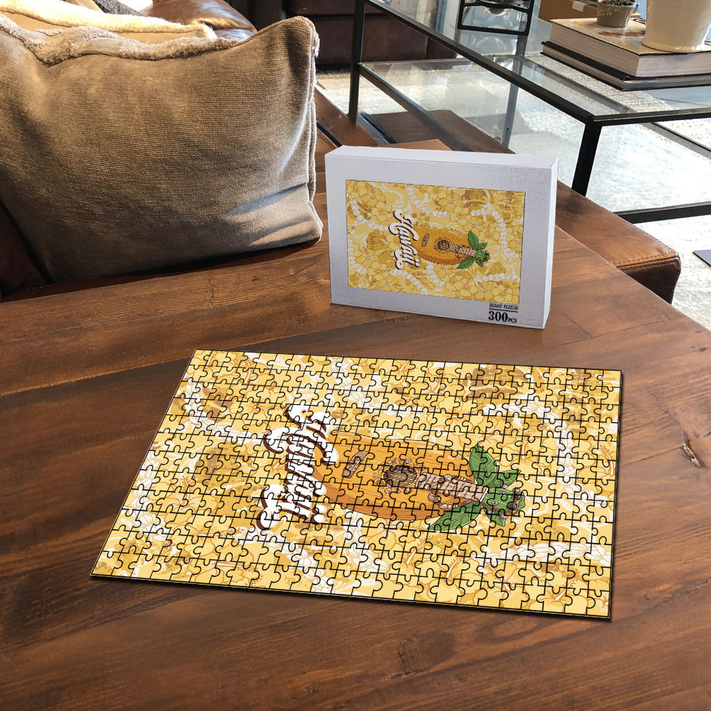Hawaiian Mango Ukulele Puzzle Retro Yellow Hibiscus Pikake Lei