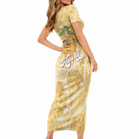 Hawaiian Mango Ukulele Short Sleeve Bodycon Dress Retro Yellow Hibiscus Pikake Lei