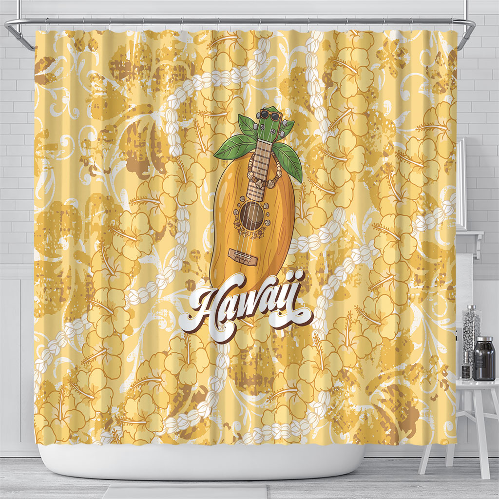 Hawaiian Mango Ukulele Shower Curtain Retro Yellow Hibiscus Pikake Lei