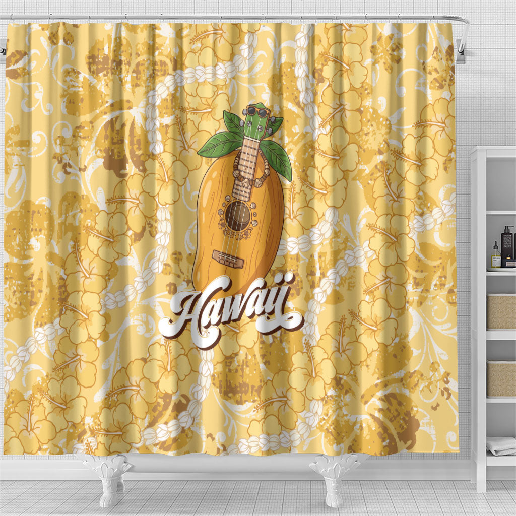 Hawaiian Mango Ukulele Shower Curtain Retro Yellow Hibiscus Pikake Lei