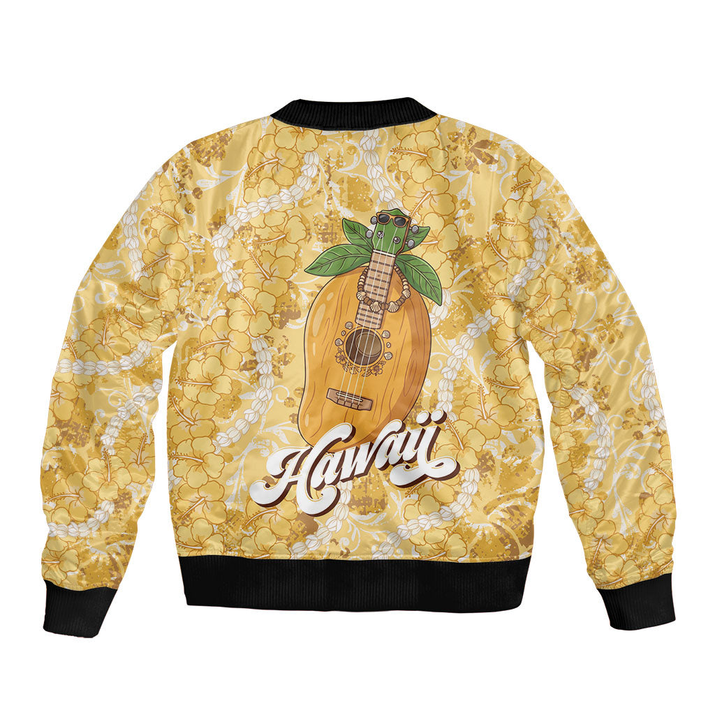Hawaiian Mango Ukulele Sleeve Zip Bomber Jacket Retro Yellow Hibiscus Pikake Lei