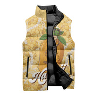 Hawaiian Mango Ukulele Sleeveless Puffer Jacket Retro Yellow Hibiscus Pikake Lei