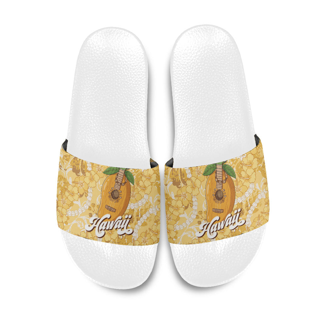 Hawaiian Mango Ukulele Slide Sandals Retro Yellow Hibiscus Pikake Lei