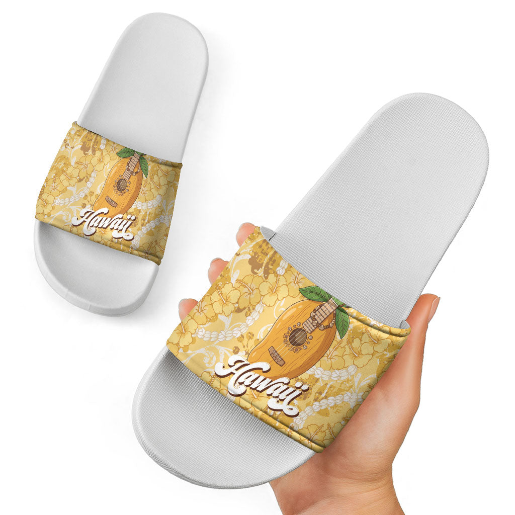 Hawaiian Mango Ukulele Slide Sandals Retro Yellow Hibiscus Pikake Lei