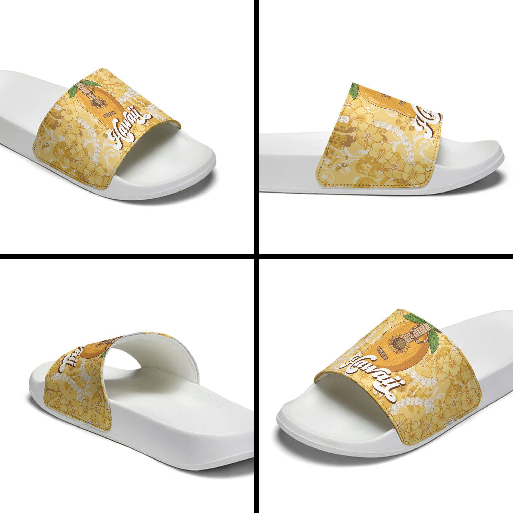 Hawaiian Mango Ukulele Slide Sandals Retro Yellow Hibiscus Pikake Lei