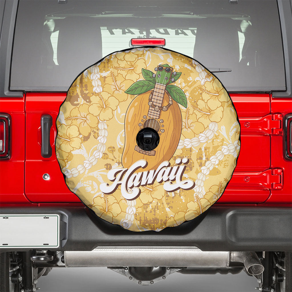 Hawaiian Mango Ukulele Spare Tire Cover Retro Yellow Hibiscus Pikake Lei