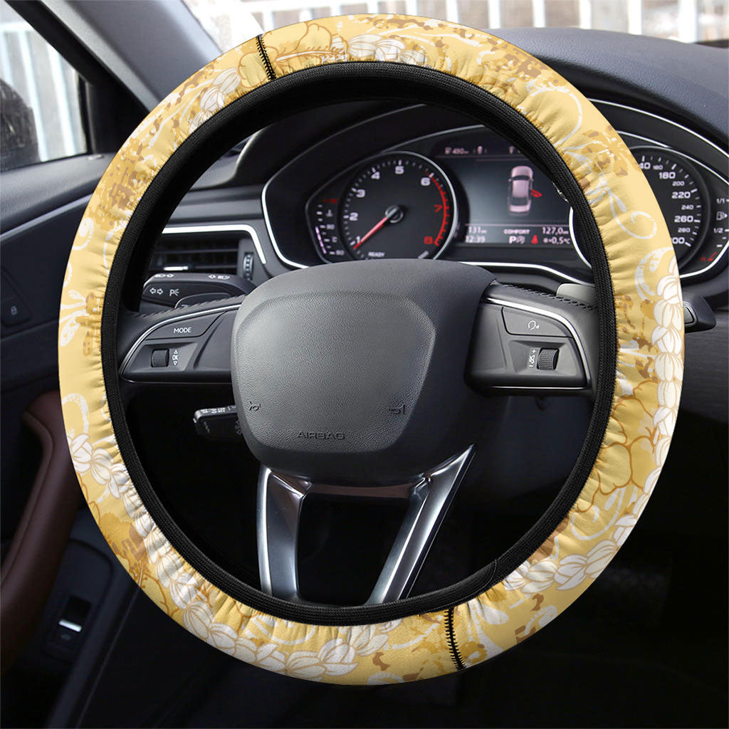 Hawaiian Mango Ukulele Steering Wheel Cover Retro Yellow Hibiscus Pikake Lei