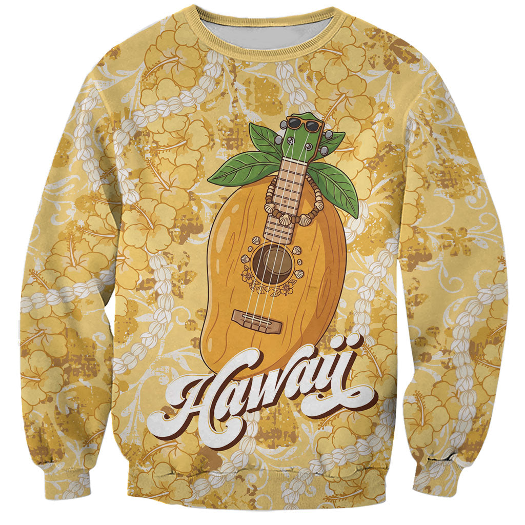 Hawaiian Mango Ukulele Sweatshirt Retro Yellow Hibiscus Pikake Lei