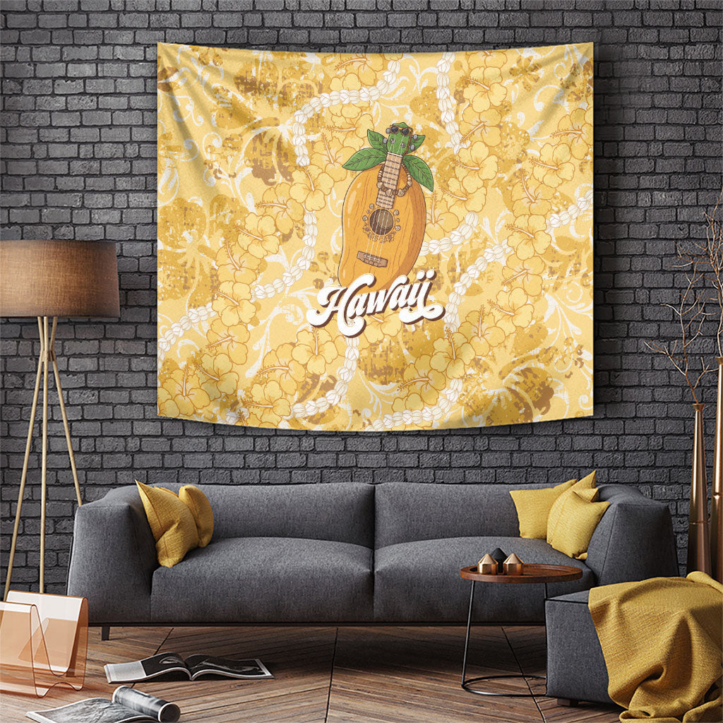 Hawaiian Mango Ukulele Tapestry Retro Yellow Hibiscus Pikake Lei