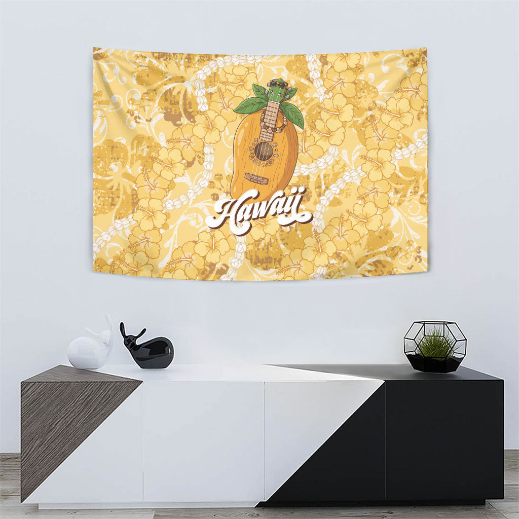 Hawaiian Mango Ukulele Tapestry Retro Yellow Hibiscus Pikake Lei
