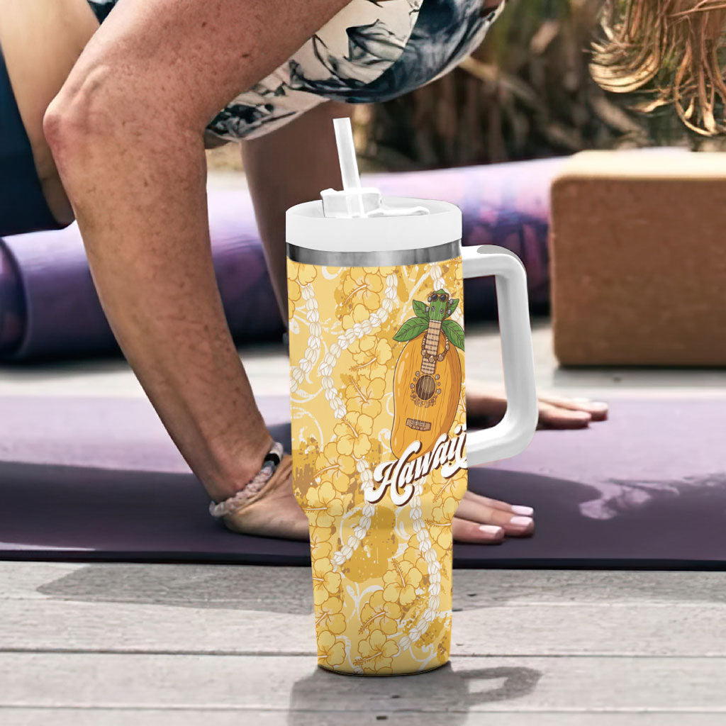 Hawaiian Mango Ukulele Tumbler With Handle Retro Yellow Hibiscus Pikake Lei